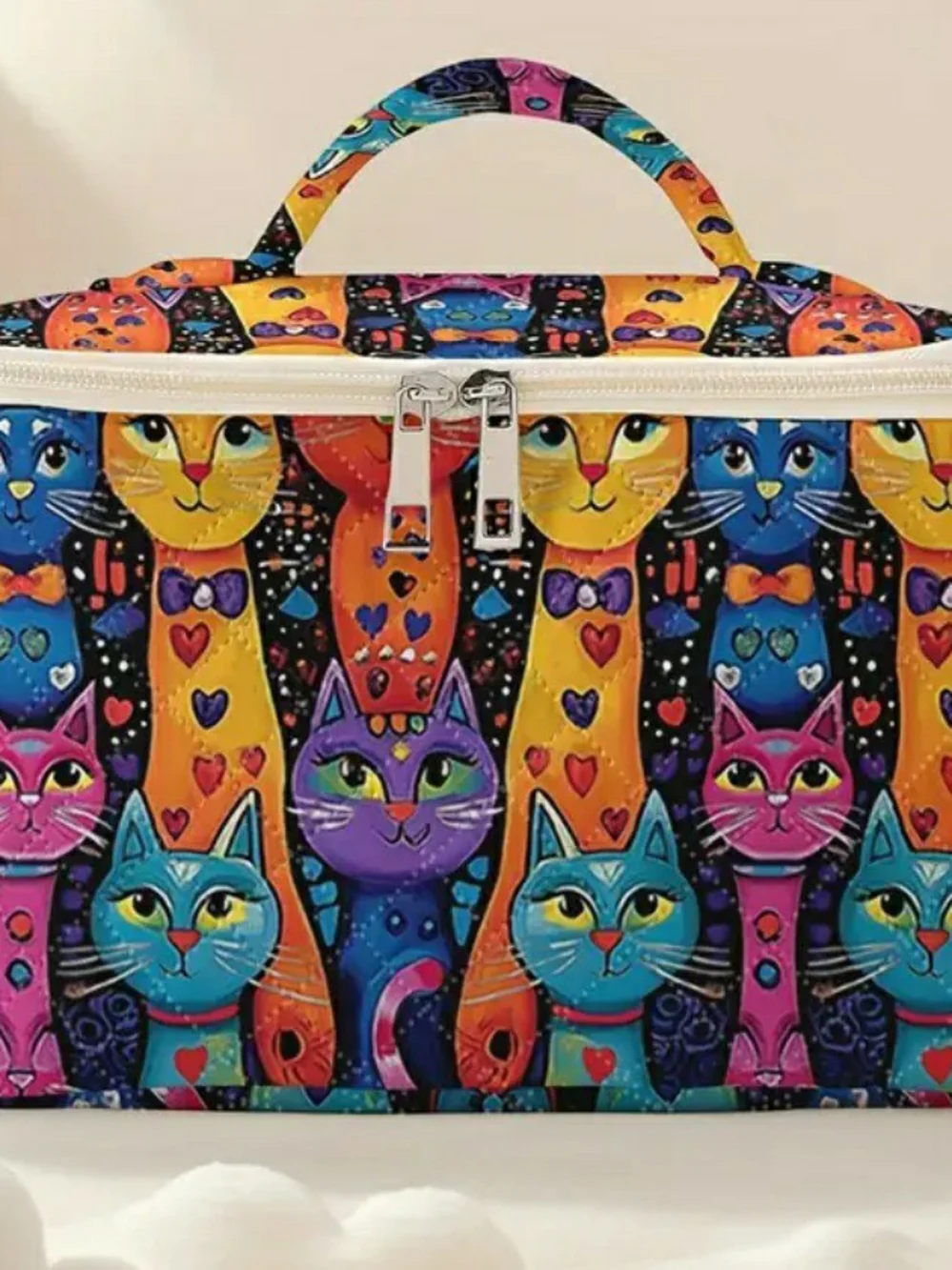 Multicolor cat-print garment bag with top handle. New